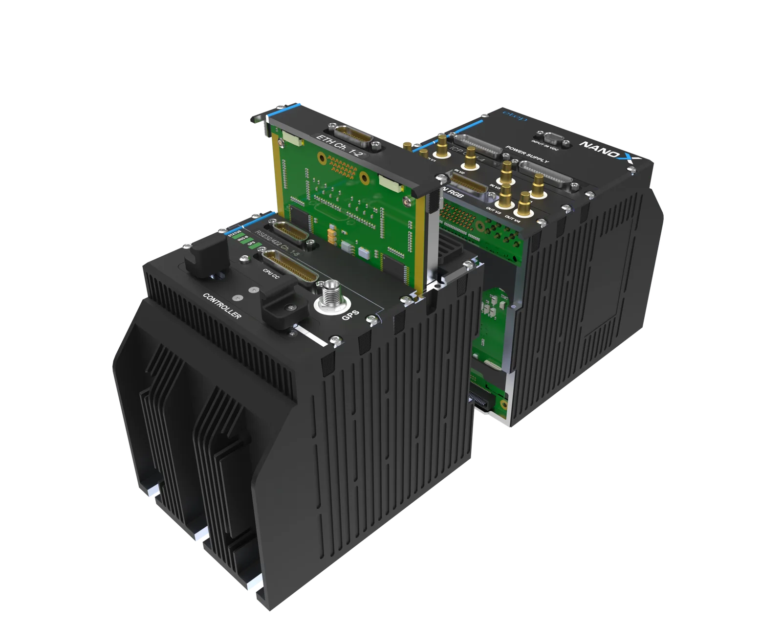 Exploded view of the NanoX: acquisition modules pulled out of their chassis thanks to Xchange technology