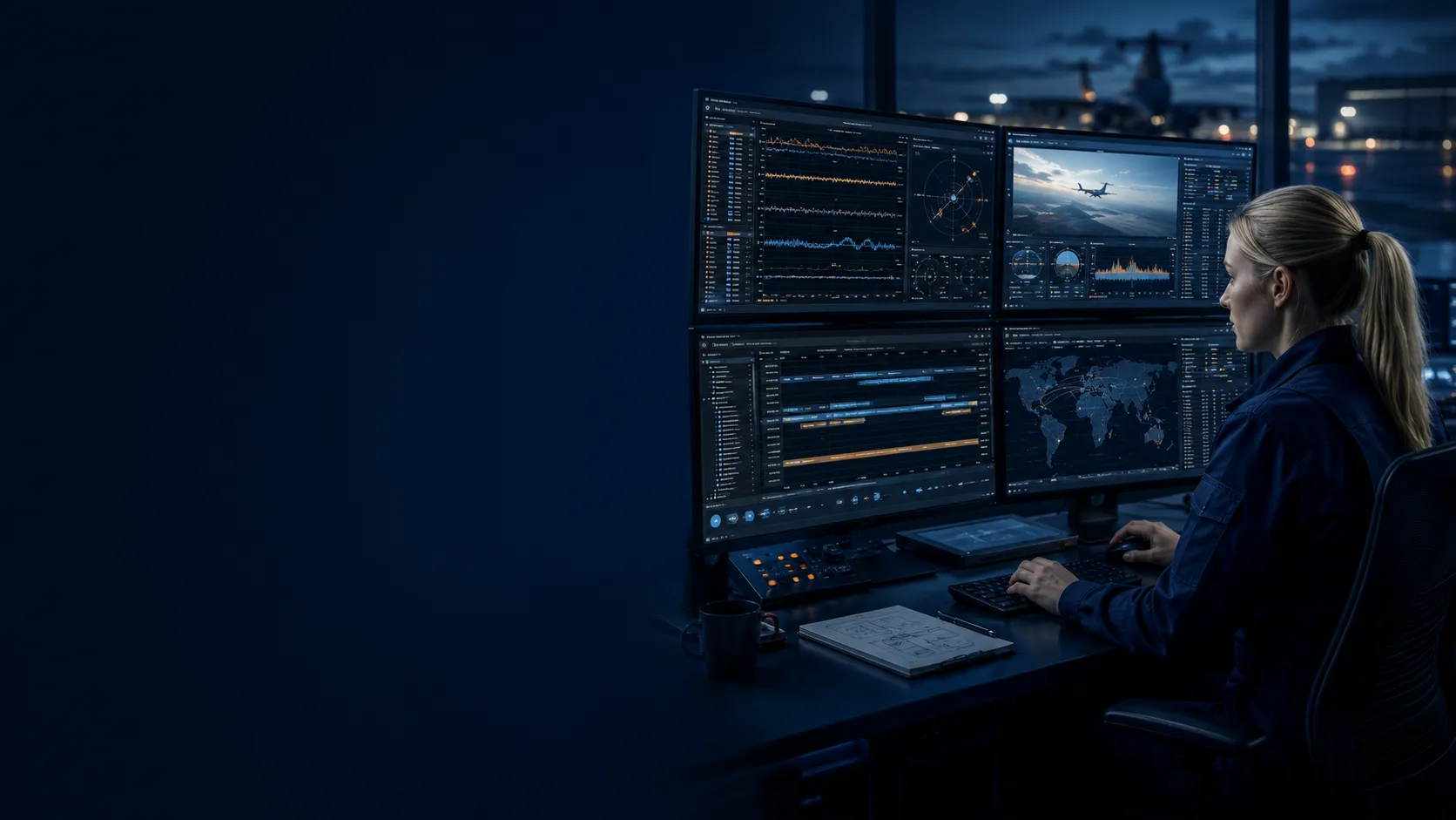 An ETEP analyst reviewing telemetry, video and mapping dashboards across four screens in D.T.MUX Viewer, an aircraft at dusk through the window.