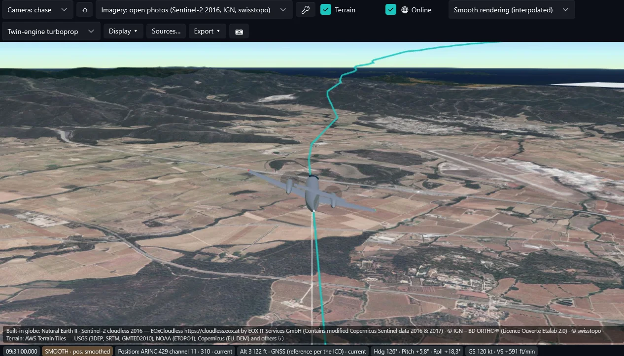 D.T.MUX Viewer 3D flight view: a generic twin turboprop in chase camera over terrain and satellite imagery, its trajectory in turquoise, the source of each quantity in the status strip.